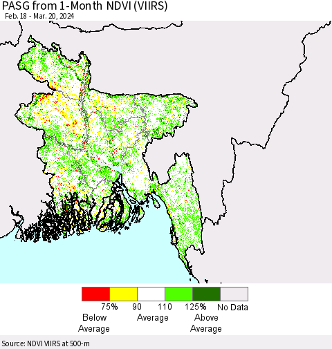 Bangladesh PASG from 1-Month NDVI (VIIRS) Thematic Map For 3/13/2024 - 3/20/2024