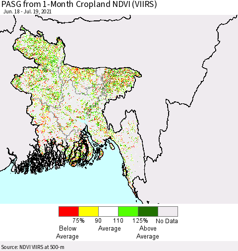 Bangladesh PASG from 1-Month Cropland NDVI (VIIRS) Thematic Map For 7/12/2021 - 7/19/2021