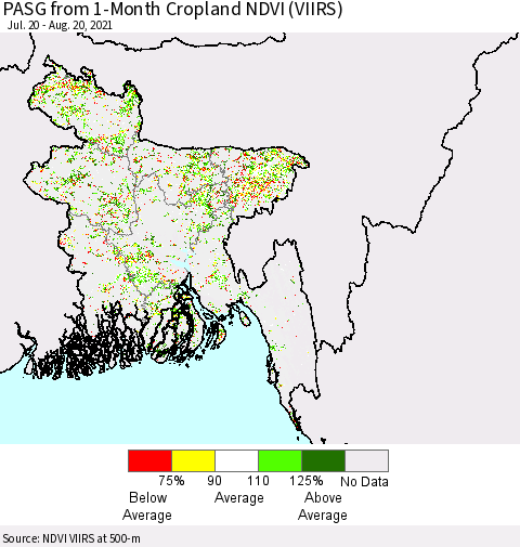 Bangladesh PASG from 1-Month Cropland NDVI (VIIRS) Thematic Map For 8/13/2021 - 8/20/2021
