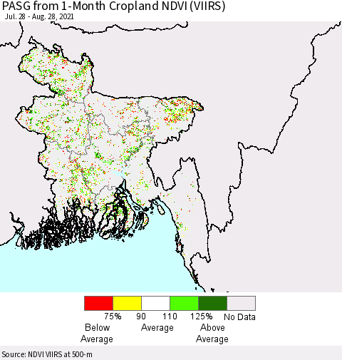 Bangladesh PASG from 1-Month Cropland NDVI (VIIRS) Thematic Map For 8/21/2021 - 8/28/2021