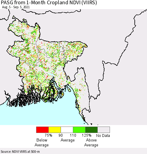 Bangladesh PASG from 1-Month Cropland NDVI (VIIRS) Thematic Map For 8/29/2021 - 9/5/2021