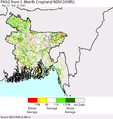 Bangladesh PASG from 1-Month Cropland NDVI (VIIRS) Thematic Map For 9/6/2021 - 9/13/2021