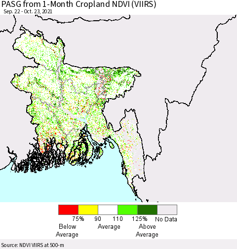 Bangladesh PASG from 1-Month Cropland NDVI (VIIRS) Thematic Map For 10/16/2021 - 10/23/2021