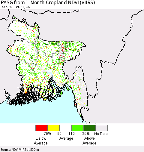Bangladesh PASG from 1-Month Cropland NDVI (VIIRS) Thematic Map For 10/24/2021 - 10/31/2021