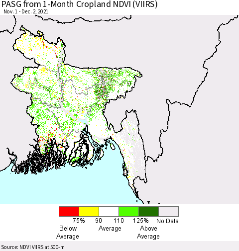 Bangladesh PASG from 1-Month Cropland NDVI (VIIRS) Thematic Map For 11/25/2021 - 12/2/2021