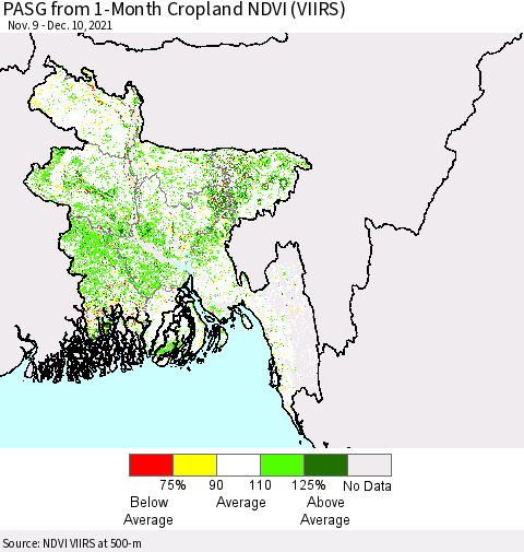 Bangladesh PASG from 1-Month Cropland NDVI (VIIRS) Thematic Map For 12/3/2021 - 12/10/2021