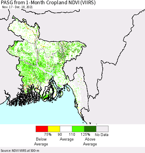 Bangladesh PASG from 1-Month Cropland NDVI (VIIRS) Thematic Map For 12/11/2021 - 12/18/2021