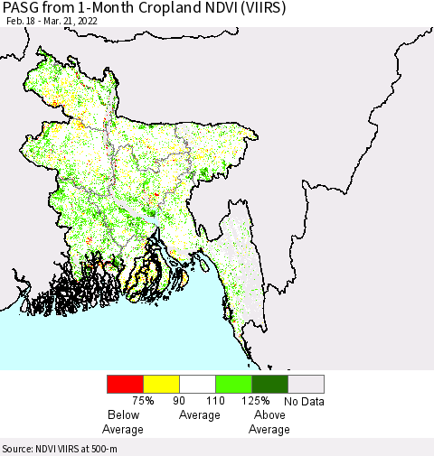 Bangladesh PASG from 1-Month Cropland NDVI (VIIRS) Thematic Map For 3/14/2022 - 3/21/2022