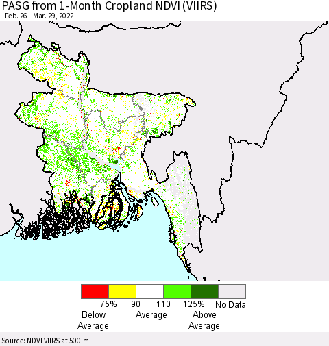 Bangladesh PASG from 1-Month Cropland NDVI (VIIRS) Thematic Map For 3/22/2022 - 3/29/2022
