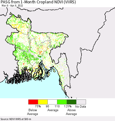 Bangladesh PASG from 1-Month Cropland NDVI (VIIRS) Thematic Map For 3/30/2022 - 4/6/2022