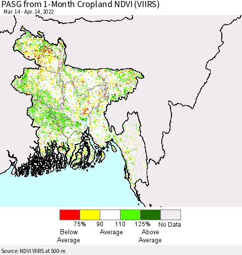 Bangladesh PASG from 1-Month Cropland NDVI (VIIRS) Thematic Map For 4/7/2022 - 4/14/2022