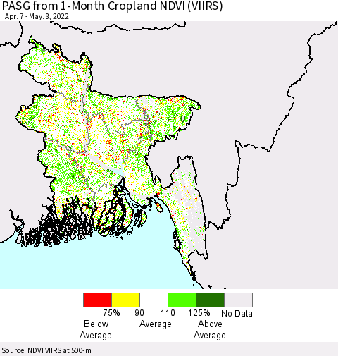 Bangladesh PASG from 1-Month Cropland NDVI (VIIRS) Thematic Map For 5/1/2022 - 5/8/2022