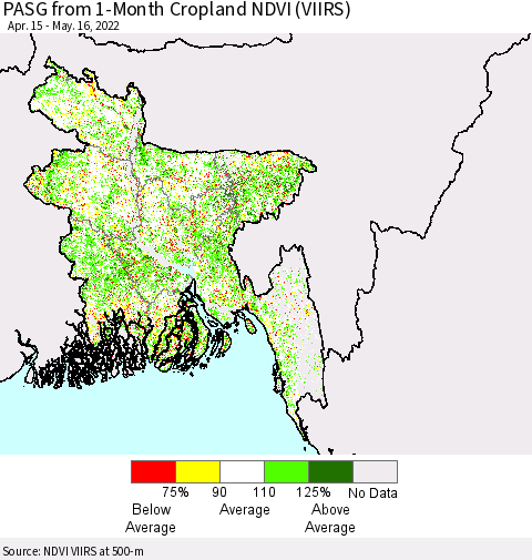 Bangladesh PASG from 1-Month Cropland NDVI (VIIRS) Thematic Map For 5/9/2022 - 5/16/2022