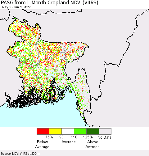 Bangladesh PASG from 1-Month Cropland NDVI (VIIRS) Thematic Map For 6/2/2022 - 6/9/2022
