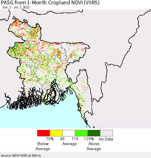 Bangladesh PASG from 1-Month Cropland NDVI (VIIRS) Thematic Map For 6/26/2022 - 7/3/2022