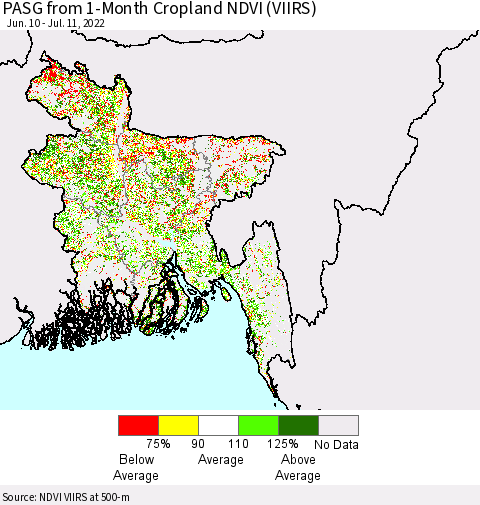 Bangladesh PASG from 1-Month Cropland NDVI (VIIRS) Thematic Map For 7/4/2022 - 7/11/2022