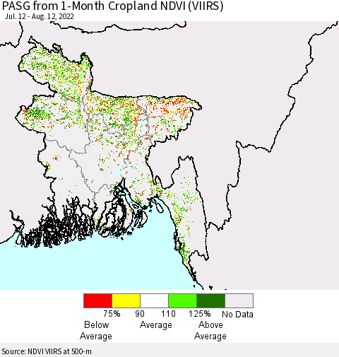 Bangladesh PASG from 1-Month Cropland NDVI (VIIRS) Thematic Map For 8/5/2022 - 8/12/2022