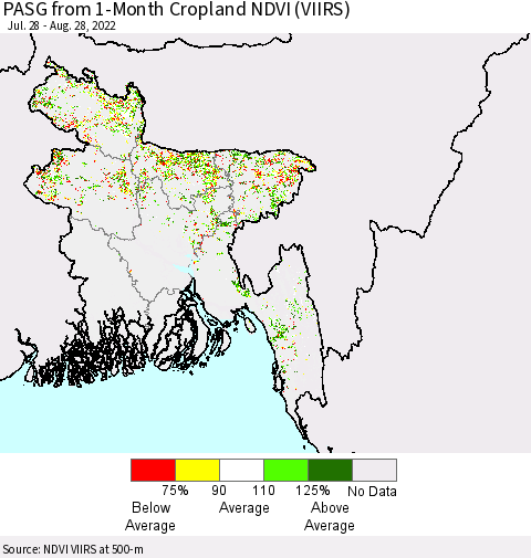 Bangladesh PASG from 1-Month Cropland NDVI (VIIRS) Thematic Map For 8/21/2022 - 8/28/2022