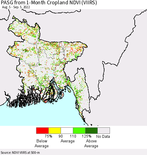 Bangladesh PASG from 1-Month Cropland NDVI (VIIRS) Thematic Map For 8/29/2022 - 9/5/2022