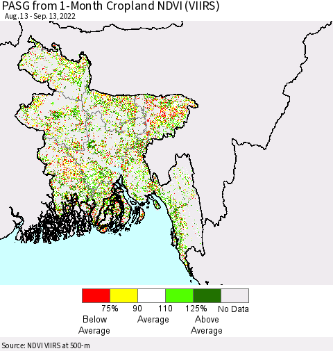 Bangladesh PASG from 1-Month Cropland NDVI (VIIRS) Thematic Map For 9/6/2022 - 9/13/2022