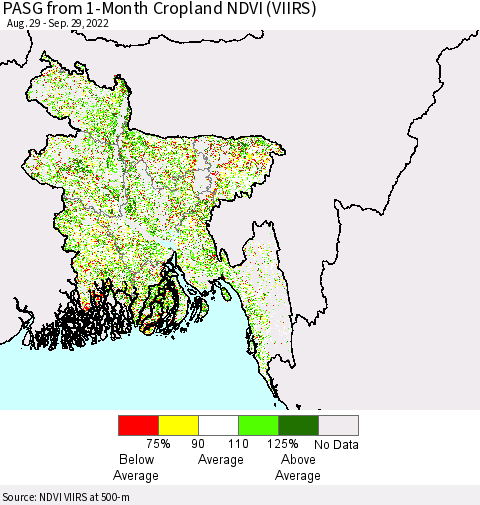 Bangladesh PASG from 1-Month Cropland NDVI (VIIRS) Thematic Map For 9/22/2022 - 9/29/2022