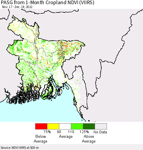 Bangladesh PASG from 1-Month Cropland NDVI (VIIRS) Thematic Map For 12/11/2022 - 12/18/2022