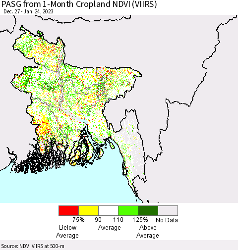 Bangladesh PASG from 1-Month Cropland NDVI (VIIRS) Thematic Map For 1/17/2023 - 1/24/2023