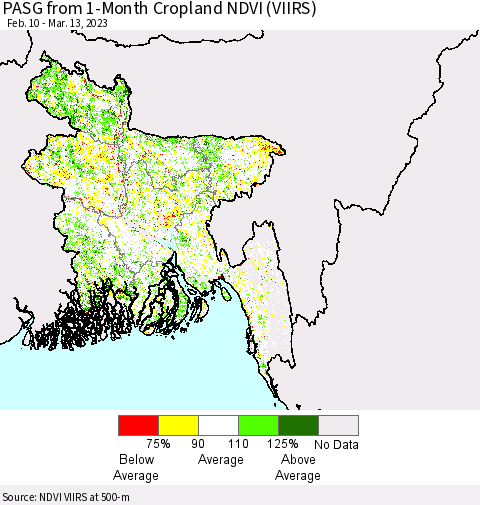 Bangladesh PASG from 1-Month Cropland NDVI (VIIRS) Thematic Map For 3/6/2023 - 3/13/2023