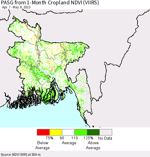 Bangladesh PASG from 1-Month Cropland NDVI (VIIRS) Thematic Map For 5/1/2023 - 5/8/2023