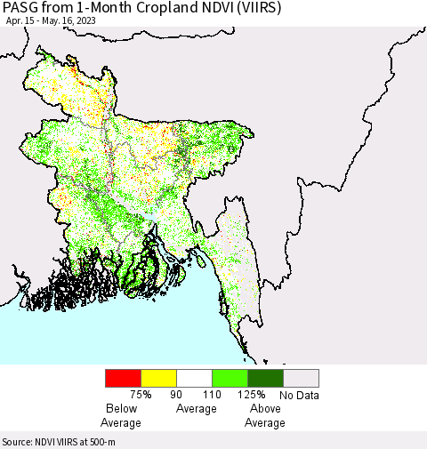 Bangladesh PASG from 1-Month Cropland NDVI (VIIRS) Thematic Map For 5/9/2023 - 5/16/2023