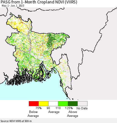 Bangladesh PASG from 1-Month Cropland NDVI (VIIRS) Thematic Map For 5/25/2023 - 6/1/2023