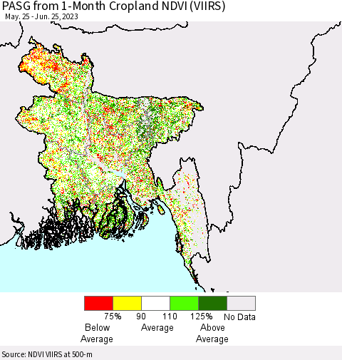 Bangladesh PASG from 1-Month Cropland NDVI (VIIRS) Thematic Map For 6/18/2023 - 6/25/2023