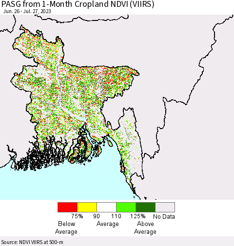 Bangladesh PASG from 1-Month Cropland NDVI (VIIRS) Thematic Map For 7/20/2023 - 7/27/2023