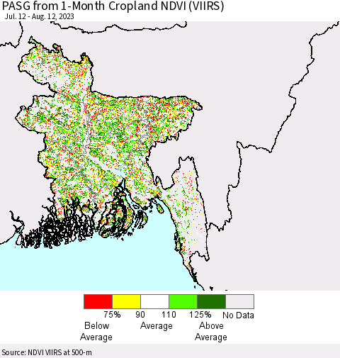 Bangladesh PASG from 1-Month Cropland NDVI (VIIRS) Thematic Map For 8/5/2023 - 8/12/2023