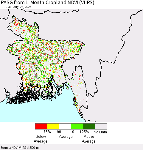 Bangladesh PASG from 1-Month Cropland NDVI (VIIRS) Thematic Map For 8/21/2023 - 8/28/2023