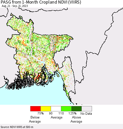 Bangladesh PASG from 1-Month Cropland NDVI (VIIRS) Thematic Map For 9/14/2023 - 9/21/2023