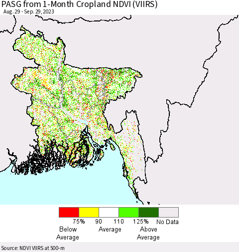 Bangladesh PASG from 1-Month Cropland NDVI (VIIRS) Thematic Map For 9/22/2023 - 9/29/2023
