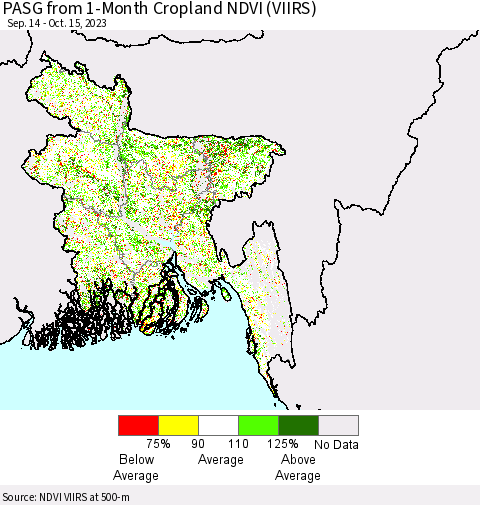 Bangladesh PASG from 1-Month Cropland NDVI (VIIRS) Thematic Map For 10/8/2023 - 10/15/2023
