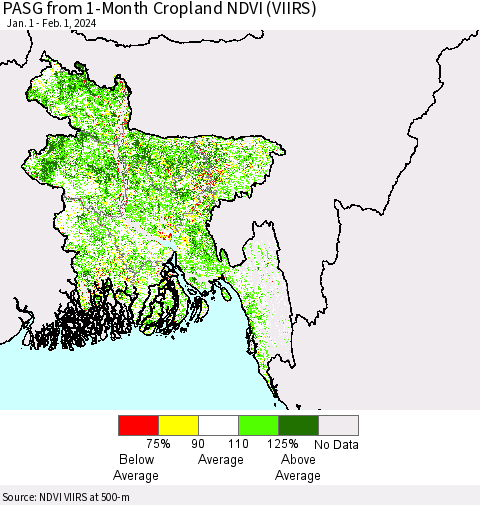 Bangladesh PASG from 1-Month Cropland NDVI (VIIRS) Thematic Map For 1/25/2024 - 2/1/2024