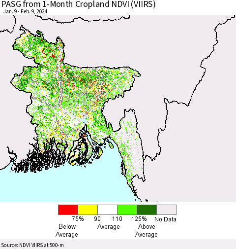 Bangladesh PASG from 1-Month Cropland NDVI (VIIRS) Thematic Map For 2/2/2024 - 2/9/2024