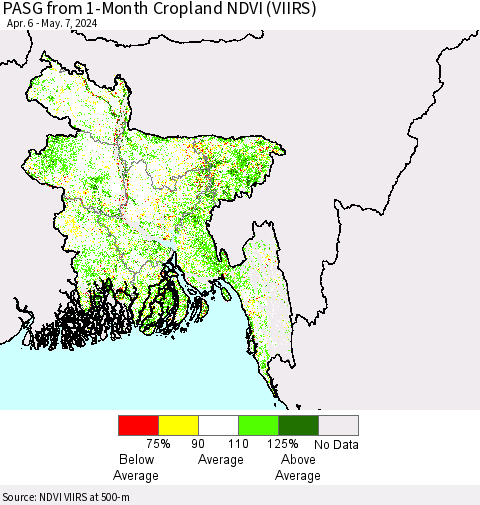 Bangladesh PASG from 1-Month Cropland NDVI (VIIRS) Thematic Map For 4/30/2024 - 5/7/2024