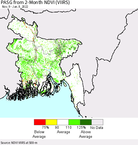Bangladesh PASG from 2-Month NDVI (VIIRS) Thematic Map For 1/1/2022 - 1/8/2022