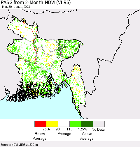 Bangladesh PASG from 2-Month NDVI (VIIRS) Thematic Map For 5/25/2023 - 6/1/2023