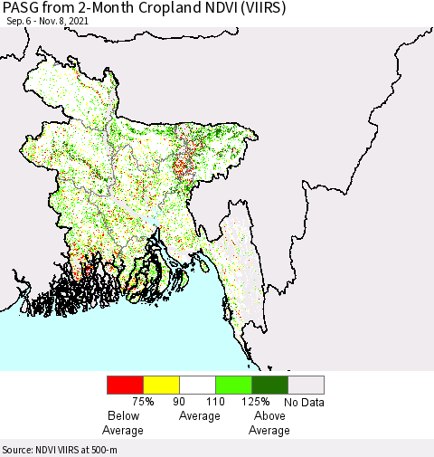 Bangladesh PASG from 2-Month Cropland NDVI (VIIRS) Thematic Map For 11/1/2021 - 11/8/2021
