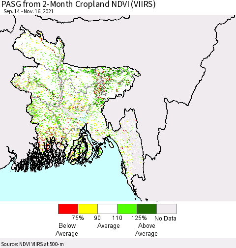 Bangladesh PASG from 2-Month Cropland NDVI (VIIRS) Thematic Map For 11/9/2021 - 11/16/2021