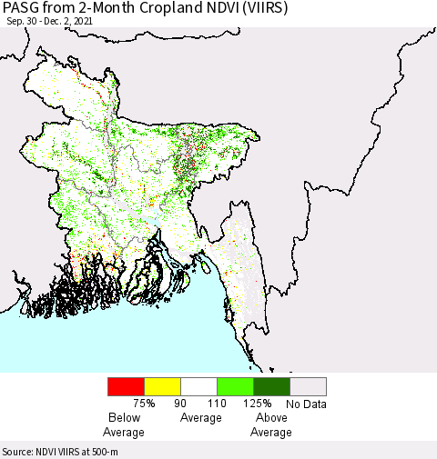 Bangladesh PASG from 2-Month Cropland NDVI (VIIRS) Thematic Map For 11/25/2021 - 12/2/2021