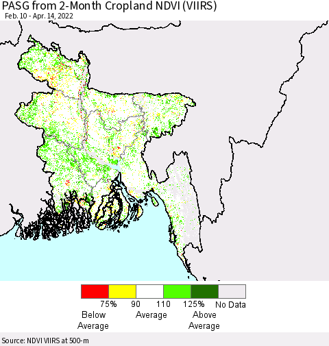 Bangladesh PASG from 2-Month Cropland NDVI (VIIRS) Thematic Map For 4/7/2022 - 4/14/2022