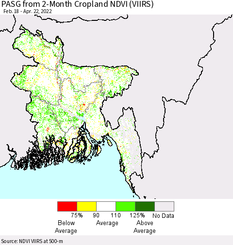 Bangladesh PASG from 2-Month Cropland NDVI (VIIRS) Thematic Map For 4/15/2022 - 4/22/2022