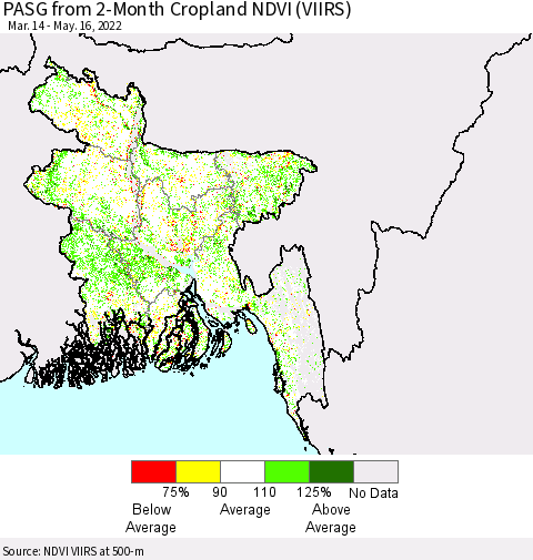 Bangladesh PASG from 2-Month Cropland NDVI (VIIRS) Thematic Map For 5/9/2022 - 5/16/2022