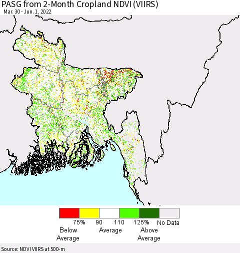 Bangladesh PASG from 2-Month Cropland NDVI (VIIRS) Thematic Map For 5/25/2022 - 6/1/2022